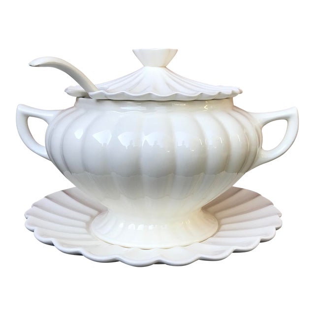 Vintage White Pagoda Shaped Soup Tureen With Ladle and Underplate Set