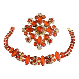 Weiss Bracelet & Brooch Set Demi Parure Orange Cabochon Aurora Borealis Crystal Rhinestone For Sale
