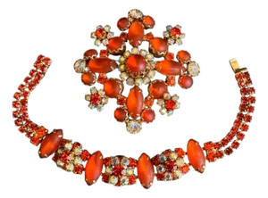Weiss Bracelet & Brooch Set Demi Parure Orange Cabochon Aurora Borealis Crystal Rhinestone
