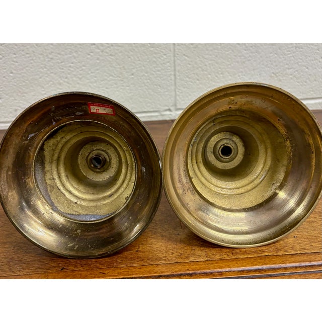 Metal Vintage Solid Brass Candlesticks Candle Holders With Drip Pans - Pair For Sale - Image 7 of 7