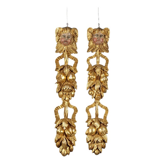 Carved and Gilded Wooden Pilasters, Set of 2 For Sale