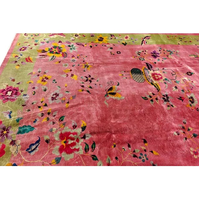 Art Deco 1920s Raspberry Pink Field Antique Floral Vase Chinese Art Deco Rug 8' 9" X 11' 4" Knotted Wool Carpet For Sale - Image 3 of 10