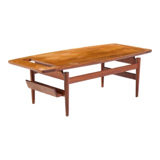 Jens Risom Model T-390 Mid Century Walnut Coffee Table With Magazine Rack For Sale