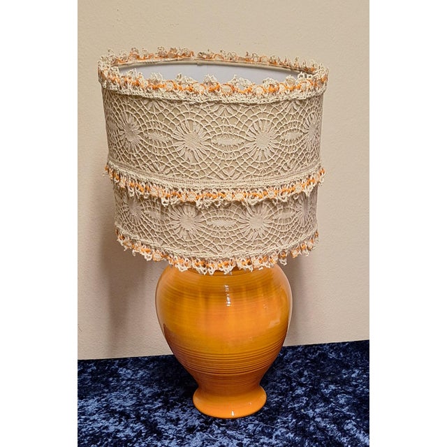 French Orange Ceramic Base Table Lamp from Kostka with Handmade Lace Shade, 1980s For Sale - Image 4 of 10