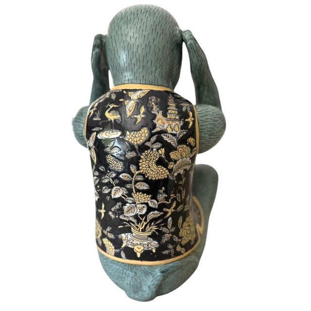 Teal Large Vintage Hand Painted Chinese Chinoiserie “Hear No Evil” Monkey Sculpture For Sale - Image 8 of 10