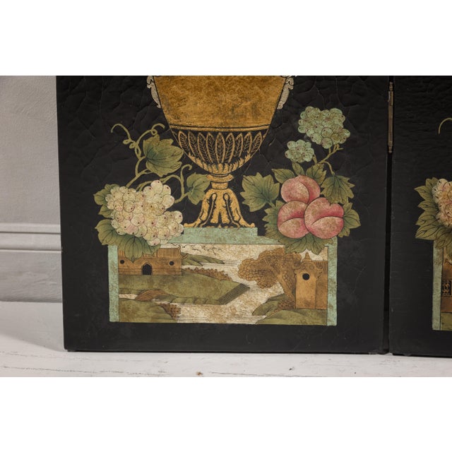 Chinese Black Lacquer Chinese Four-Panel Screen with Polychrome Floral Décor For Sale - Image 3 of 12