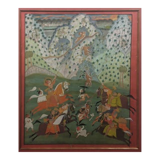 Vintage Indian Mughal-Style Tiger Hunt Painting on Canvas, Framed and Matted For Sale