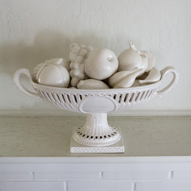 White White Italian Footed Pedestal Fruit Bowl With Ceramic Fruits Centerpiece For Sale - Image 8 of 17