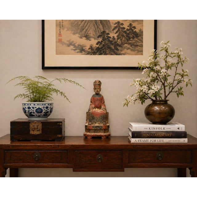Chinese Antique Chinese Figure Ming Official Scholar Hand Painted Wood Statue For Sale - Image 3 of 18