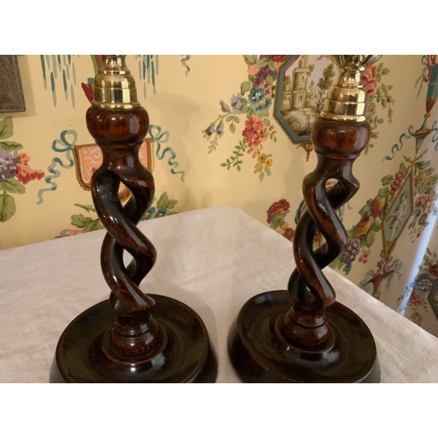 Wood English Victorian Oak & Brass Open Barley Twist Candlesticks Pair For Sale - Image 7 of 12