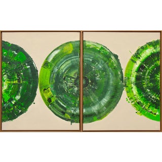 Bernhard Lang, Green Circle Diptych II, Painting on Canvas, Framed, Set of 2 For Sale