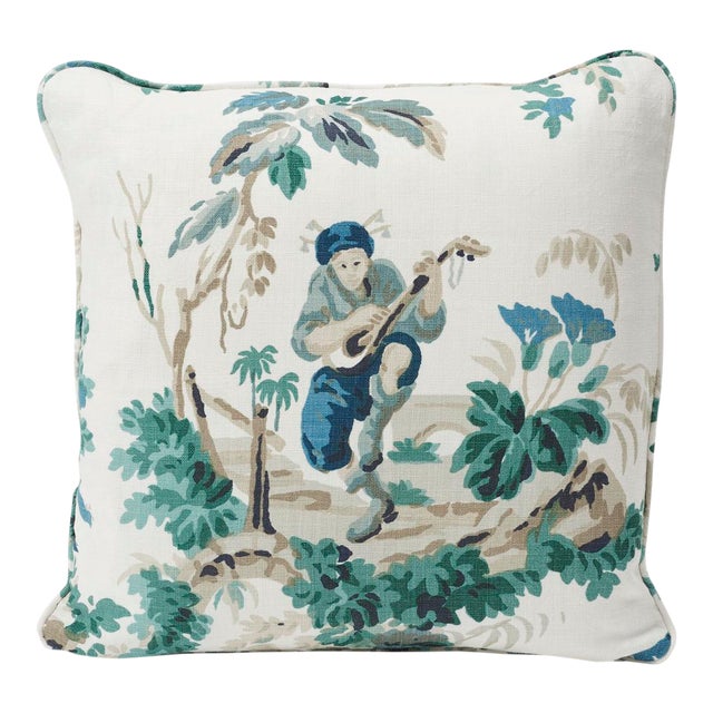 Teal Schumacher Plaisirs De La Chine Linen Print Double-Sided Pillow For Sale - Image 8 of 9