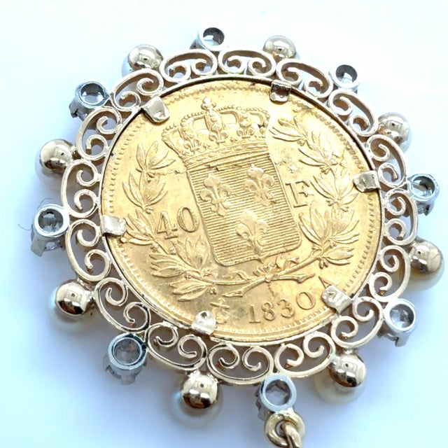 Vintage, Charles X French 40 Francs Coin, Diamond and Cultured Pearl Pendant For Sale In Chicago - Image 6 of 7