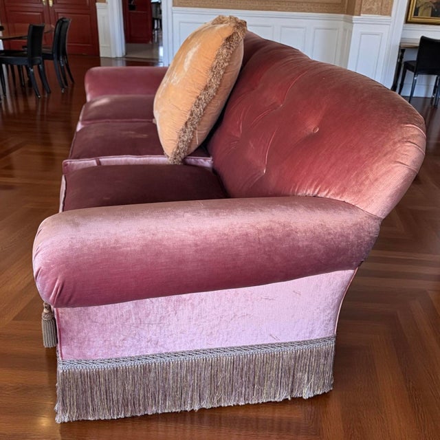 Rose Custom French Import Velvet Silk Rose Designer Hollywood Regency Sofa For Sale - Image 8 of 12