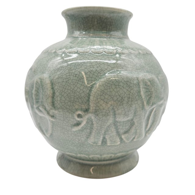 Maitland - Smith Maitland Smith Thai Celadon Crackle Glazed Porcelain Vase With Elephant Relief For Sale - Image 4 of 8