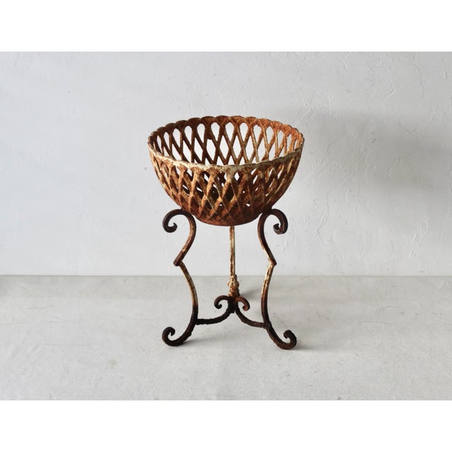 Metal Vintage Cast Iron Rustic Basket Style Plant Stand Patina Mid-Century For Sale - Image 7 of 10