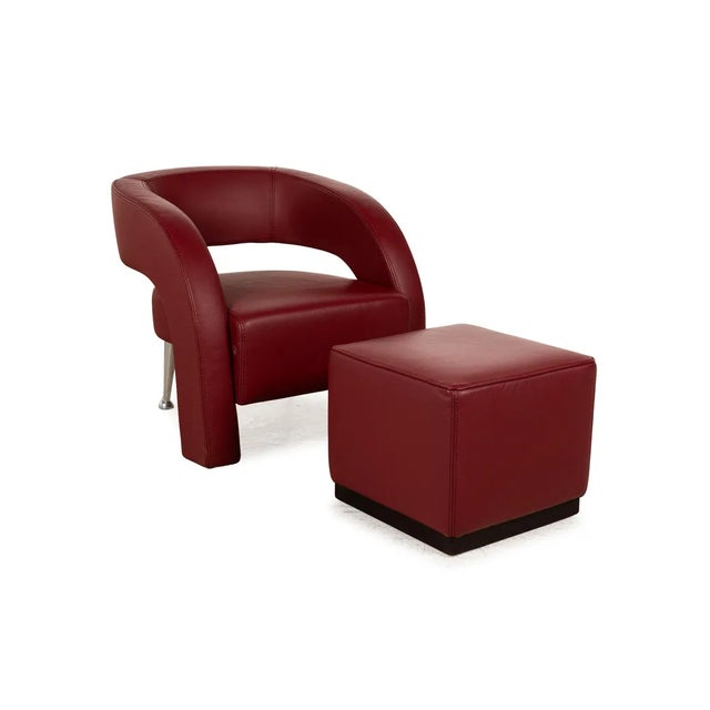Set of Formenti Wave Leather Armchairs in Red with Stool For Sale - Image 11 of 11