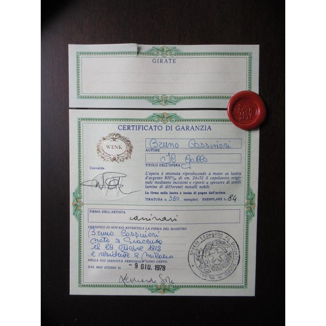 Bruno Cassinari, Il Gallo, Silkscreen on 800 Silver Plate, 1978, Framed For Sale - Image 9 of 18