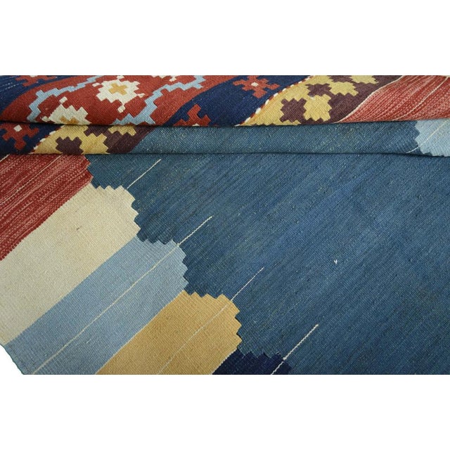 Blue Hand-Woven Mazandaran Kilim Rug in Colorful Wool For Sale - Image 8 of 9