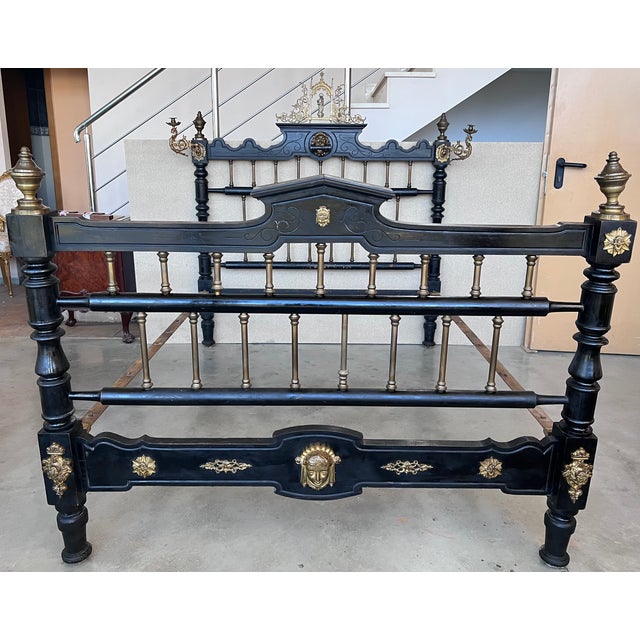 French Black Ebonized Bed with Bronze Mounts and Candle Holder , Signed. Incredible Full Double Bed with Black Ebonized...