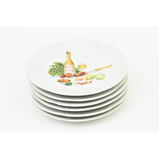 Vintage French Coastal Porcelain Appetizer Plates of Lobster, Wine, Cheese by Lourioux, Set of 6, 1950's For Sale - Image 9 of 12
