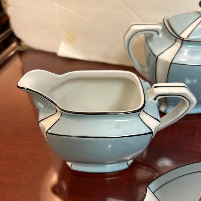 1980s Noritake Art Deco Style Robin's Egg Blue, White and Black Stripe Demitasse Service for 4 Signed For Sale - Image 5 of 11
