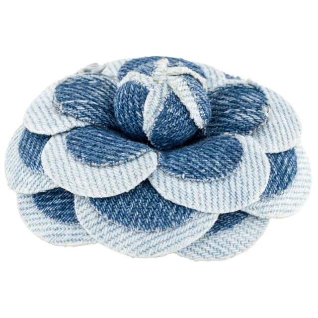 CHANEL 17P Brooch Pin Denim Camellia So CHANEL is this Camellia flower brooch in blue washed denim from the 2017 Spring...
