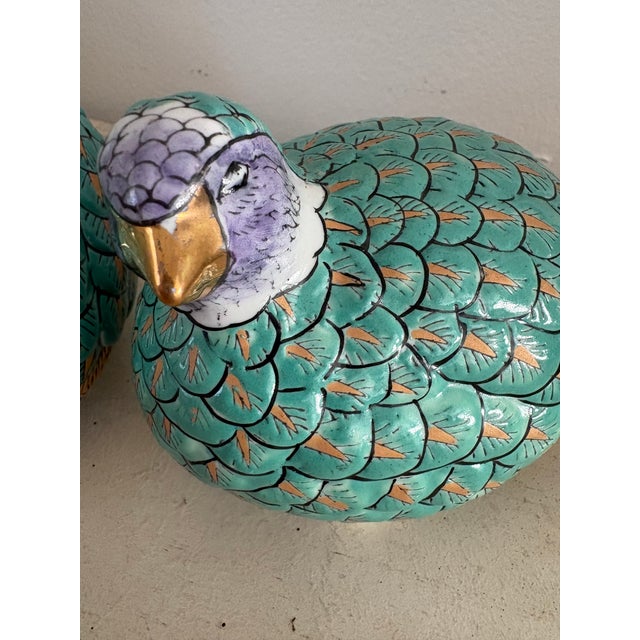 Teal Vintage Hand Painted Chinese Quail Statues - A Pair For Sale - Image 8 of 8