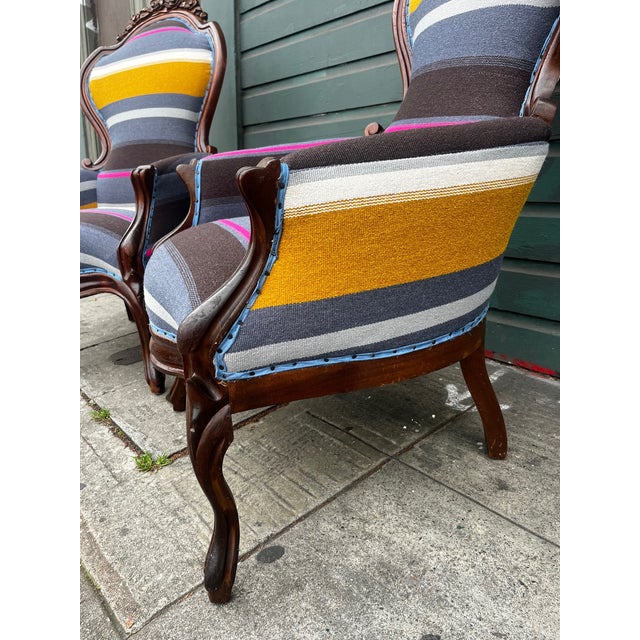 Antique Bohemian Stripped Upholstered Rustic Armchairs (All New Upholstery) Set of 2 For Sale - Image 9 of 12