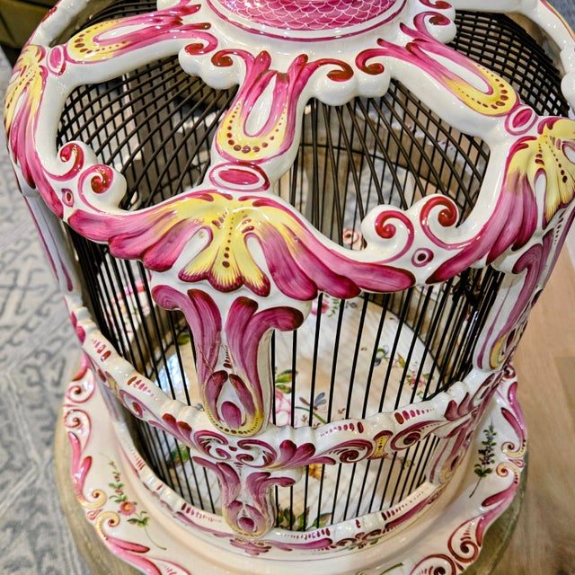 Raspberry Pink Large French Rococo Hand-Painted Porcelain Bird Cage With Original Floral Tray & Bird For Sale - Image 8 of 17