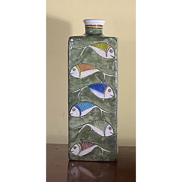 1960s Vintage Hand Painted Square Ceramic Fish Vase For Sale - Image 5 of 11