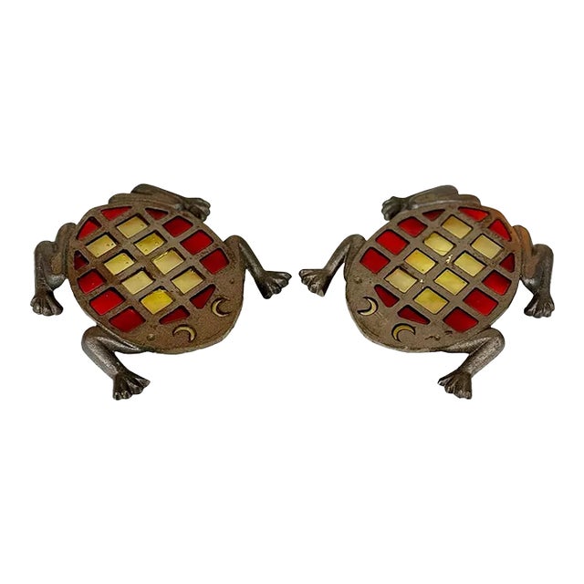 Vintage Stained Glass Cast Iron Frog Barware Drink Coaster Trivet - a Pair For Sale