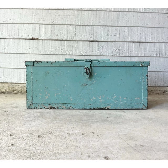 1950s Vintage Large & Heavy Teal Turquoise Green-Blue Metal Tool Chest 21” Décor Good vintage condition. Hinges and all...