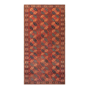Impressive Red-Ruby Ground Color With Some Cherries Details in a Geometric Design Antique Central Asian Ersari Gallery Rug