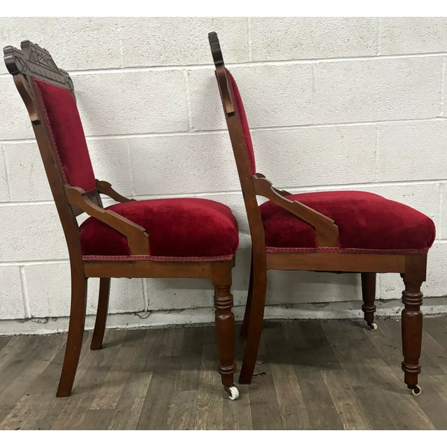 Victorian Antique 19th Century Victorian Eastlake Crushed Red Velvet Parlor Side Chairs For Sale - Image 3 of 10