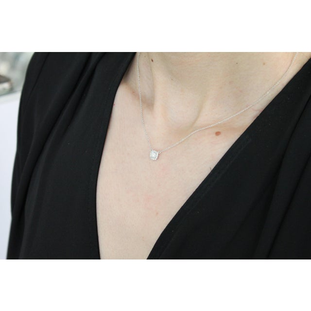 Silver Classic Halo Pave Set Cushion Shape Cut Diamond Dainty Chain 18 Karat White Gold For Sale - Image 8 of 9