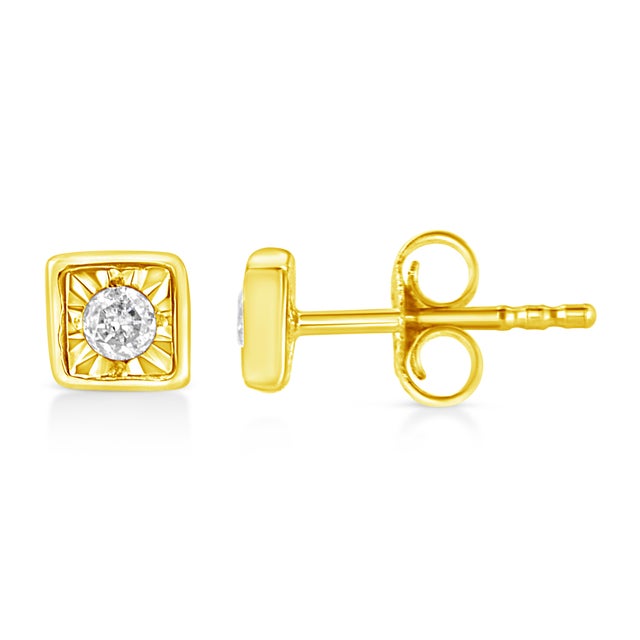 10K Yellow Gold Plated .925 Sterling Silver 1/10 Cttw Miracle-Set Diamond Square Stud Earrings (K-L Color, I2-I3 Clarity) For Sale - Image 4 of 6
