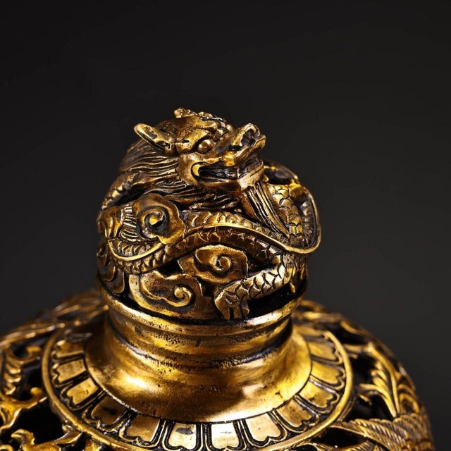 Chinese Vintage Chinese Gilt‑Brass Cloisonné Enamel Incense Burner, Dragon Ears Elephant Feet Censer For Sale - Image 3 of 10