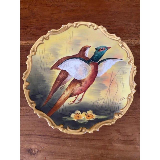 French Provincial 1940s 22k Gold French Limoges Hand Painted Gooses Wall Decor Charger, Artist Signed For Sale - Image 3 of 8