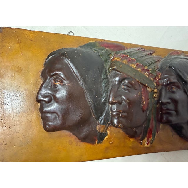Antique Hand Painted Native American Indian Portrait Plaster Pottery Wall Plaque For Sale - Image 11 of 12