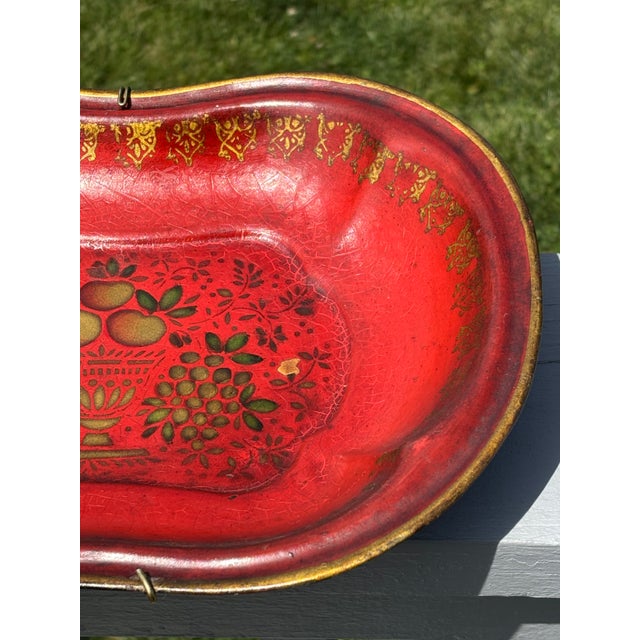 19th C. Red + Gilt and Green Toleware Serving Bowl - Paint Decorated - 12.75" For Sale - Image 10 of 12