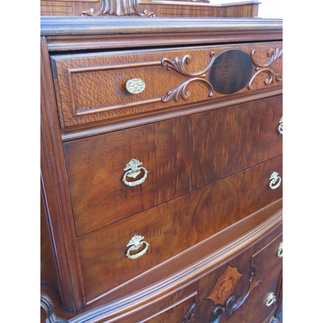 Early 1900s Jacobean Carved Inlay Tall Chest of Drawers With Mirror 6610 For Sale - Image 11 of 12