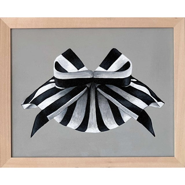Black Small Framed Ribbon Painting Giant Striped Bow, Abstract Minimal Fun For Sale - Image 8 of 8