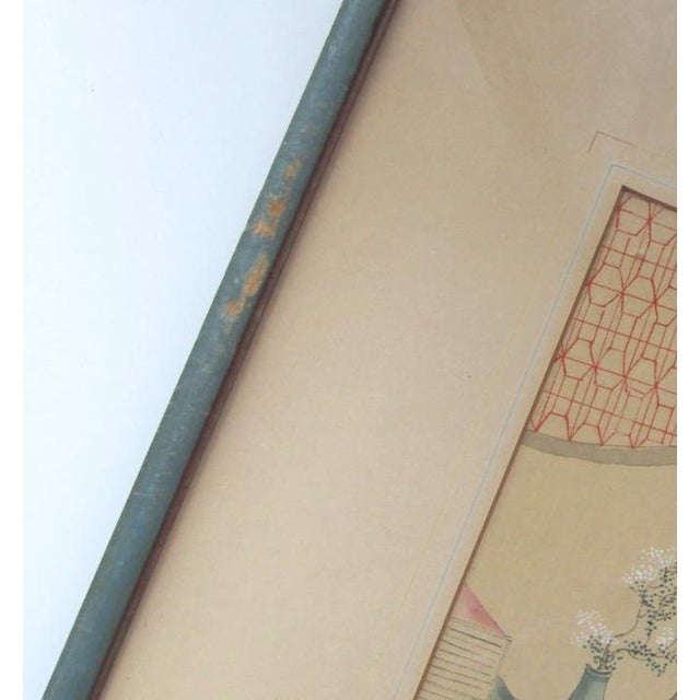 Antique Chinese silk painting depicting a traditional scholar scene with attendants in a serene landscape. Features hand-...