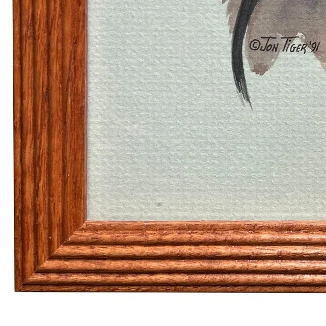 1990s A Pair of Native American Framed Paintings of Man and Woman, Signed Jon Tiger For Sale - Image 5 of 7