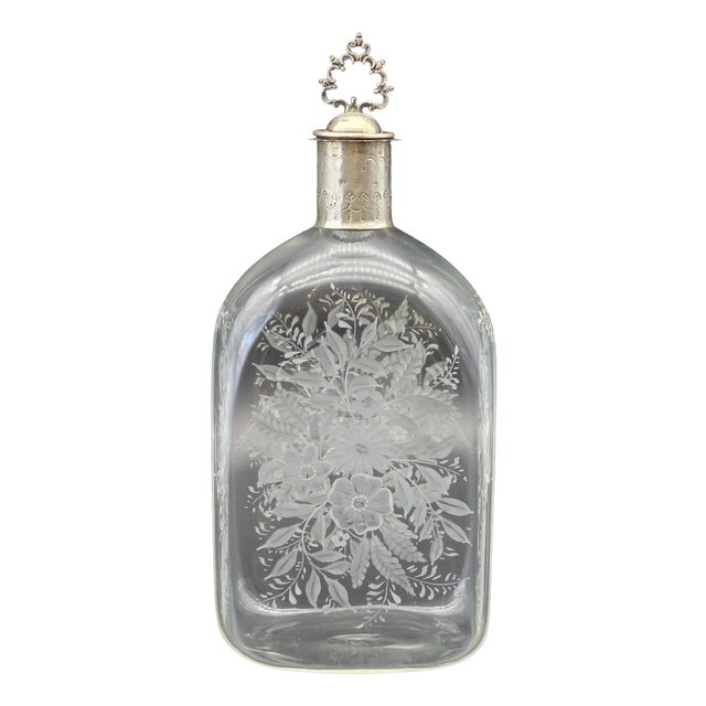 Late 19th Century Engraved Glass Liqueur Bottle with 800 Silver Stopper, Venice For Sale