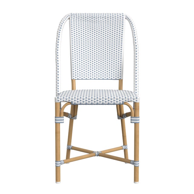 Spritely Home Accent Furniture Tobias 18.5 in. Seat Height Outdoor Rattan and Metal Dining Side Chair, White/Sky Blue Dot / Natural Rattan Frame For Sale - Image 4 of 8