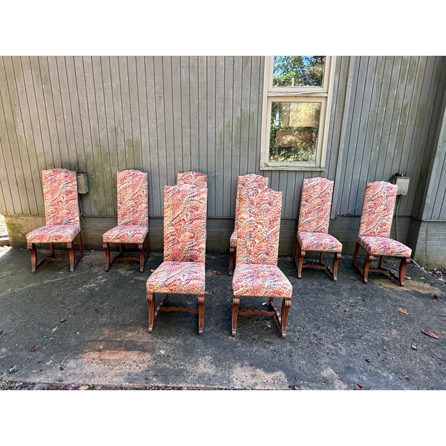 French Late 20th Century Set of 8 French Louis Xiv Style Carved Oak Upholstered Dining Chairs For Sale - Image 3 of 17