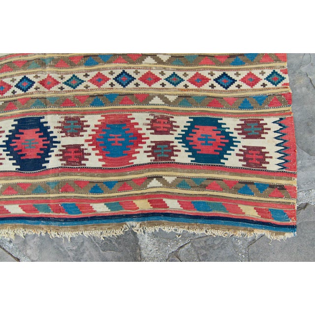 1880s Antique Large Kilim Rug Geometric Red Cream Blue Navy Wool Flatwoven Rug - 5'2" X 8'9" For Sale In Los Angeles - Image 6 of 10