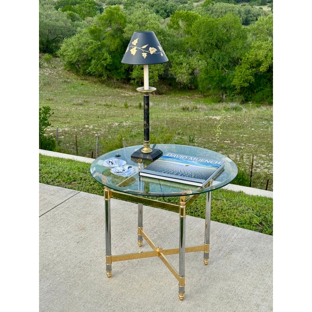Mid-Century Hollywood Regency Maison Jansen Style Polished Chrome & Brass Glass Top End Table For Sale - Image 10 of 10